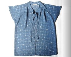 画像4: 昭和レトロ ボウタイ付き ブラウス 葉 灰青 11号【送料込み】 (4)