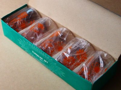 画像1: 6オンス タンブラー オレンジ花柄 昭和レトロ 